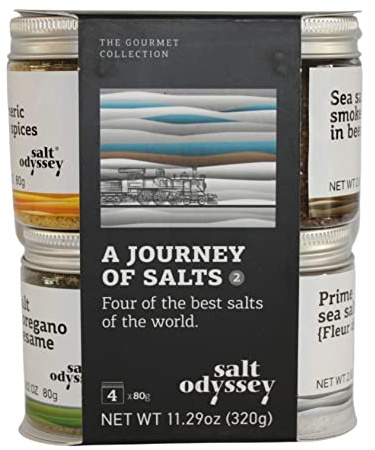 Salt Odyssey Set di Sali dal Mondo – 4 x 80 g | Sale marino affumicato | Fleur de Sel | Sale marino con curcuma, senape, curry & sommacco | Sale marino con origano, sesamo, timo & menta verde