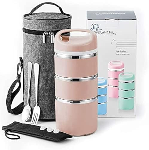 Lille Home 1380ml Contenitore per Pranzo/Snack con Scomparto Termico impilabile in Acciaio Inossidabile, Contenitore per Bento/Alimenti isolato a 3 Livelli con Borsa per il Pranzo (Oro)