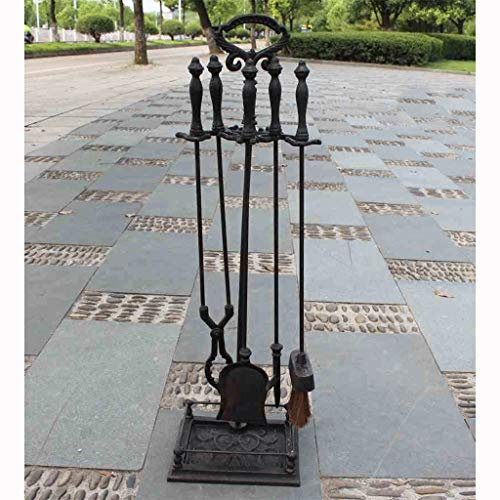Utensilios de Chimenea 5 Piezas Chimenea instrumentos Juegos con asas de hierro forjado Fuego Juego de herramientas for chimenea de interior y al aire libre Fogón (Poker, pinzas, pala, cepillo, soport