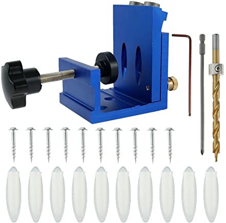 Drill Press Pocket Hole Jig Aluminum Drill Guide Kit Adjustable Woodworking Punch Locator Angled Hole Punch Positioner Kit Carpentry Set for Fast and Accurate Installation of Door and Dra