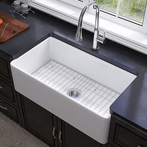 Miuara Farmhouse Sink 33 Inch - Apron Front Kitchen Sink Reversible 33x18x10, Undermount Installation, Farm House Style Single Bowl, Solid Fireclay, Glossy White, for Kitchen