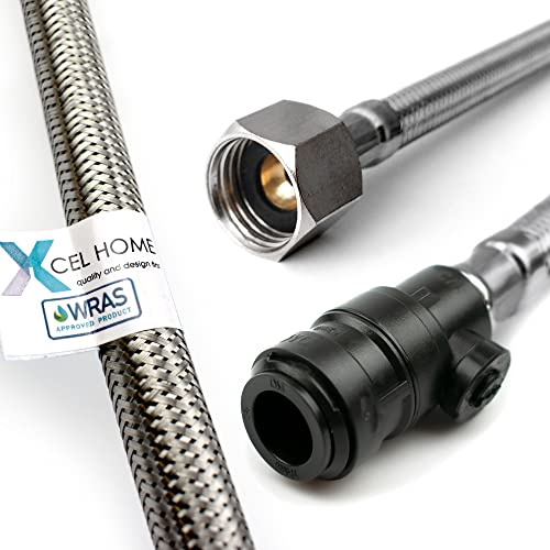 Xcel Home 15mm x 1/2 BSP (900mm Long) Flexible Connector | WRAS Approved | PushFit Stainless Steel Braided Flexi Tail for Kitchen Sink & Bathroom Basin | Isolation Valve | 1 Pipe, 3 Lengths Available