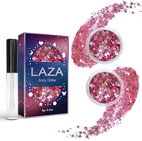 Laza Body Glitter, 2 Jars Iridescent Chunky Sequins with Glitter Glue Perfect for Women Eyeshadow Makeup Face Paint Festival Rave Outfits Hair Accessories Carnival Party Costumes - Pink