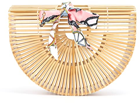 Emprier Women's Vintage Bamboo Bags Handmade Straw Bags Summer Beach Purses Basket Handbags, Khaki, S