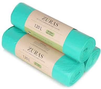 ZURAS Sacchetti per rifiuti biologici da 120/140 litri, 30 pezzi, compostabili, biodegradabili, a base vegetale, certificati DIN EN 13432, resistenti agli strappi e impermeabili