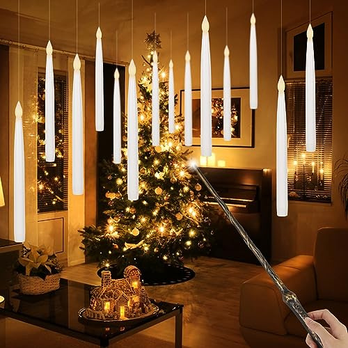 Eldnacele Schwebende Kerzen mit Zauberstab-Fernbedienung, 12er Set, 27,5 cm | LED Kerzen mit Timerfunktion, fliegende Kerzen, hängende Kerzen, flackernde Flamme, Weiß, Halloween Deko, Weihnachtsdeko