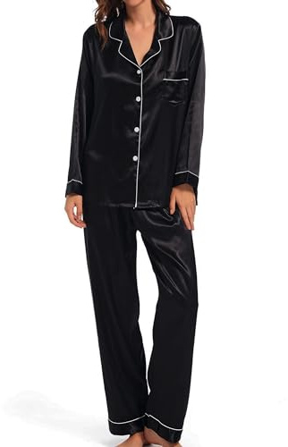 Xuepelit Pijamas de Mujer Satén Invierno Manga Larga Mujer Pijama Seda con Botones 2 Piezas Ropa de Domir Loungewear Elegante Camisa de Dormir Delanteros de Dos Piezas Traje de casa，Negro, S