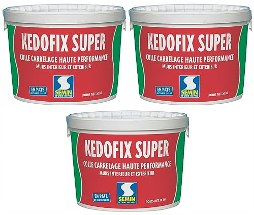 Semin KEDOFIX SUPER Colle Carrelage Murale- 3 X 20 kg – Prête à l’Emploi Sans Ciment – Intérieur & Extérieur Protégé – Haute Résistance à l’Eau – Spécial Pièces Humides –Faïence, Pierre, Pâte de Verre