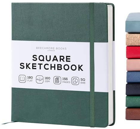 BEECHMORE BOOKS Quaderno da disegno quadrato (20,3 x 20,3 cm) – 156 pagine, 160 g/m² | Copertina rigida in similpelle, apertura piatta, pagine perforate, confezione regalo, diario artistico