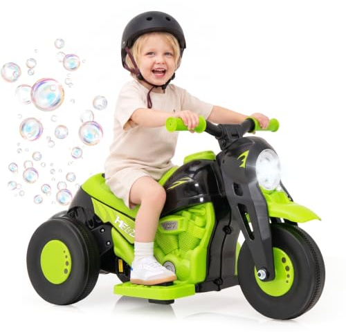 OLAKIDS Kids Motorcycle, 6V Electric Ride On Car with Automatic Bubble Function, Foot Pedal, Headlight, Music, 3 Anti-Skip Wheels Vehicle for Children, Toddler Ages 3+ (Apple Green)