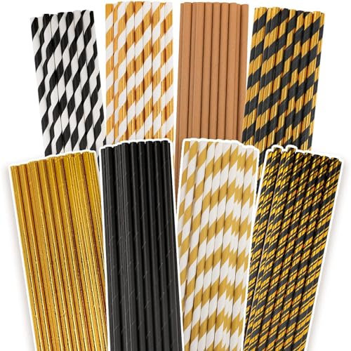Gcardist Pajitas desechables doradas a rayas doradas para beber 150 unidades en paquete a granel (8 patrones)
