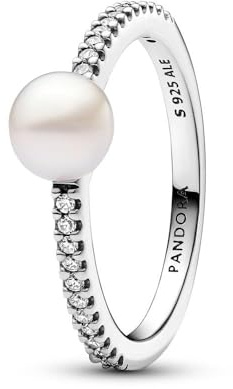 PANDORA Timeless Anello, in argento Sterling con perla coltivata d'acqua dolce trattata bianca e zirconia cubica trasparente, 50