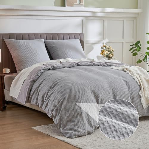 Simple&Opulence Sábanas 220 x 240 cm algodón 2 Piezas Juego de Ropa de Cama de Verano con patrón Waffle, con Funda de Almohada 80 x 80 cm, Funda de edredón certificada Ökotex, Gris Claro