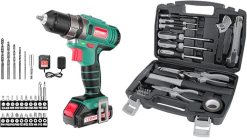 Akkuschrauber, HYCHIKA 12V Akku Bohrschrauber 30N·m Max. Drehmoment mit 1.5 Ah Akku & Amazon Basics - Werkzeug-Set für den Haushalt, Stahllegierung, 32 Teile, Schwarz/Grau