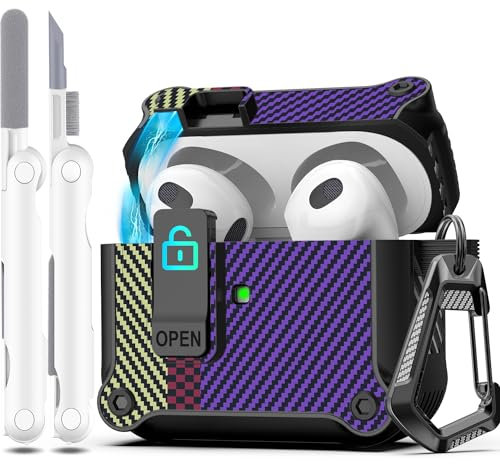 R-fun - Funda para AirPods de 3.ª generación 2021, protección Total contra caídas, Tapa emergente automática para Apple Airpod 3 Gen con Kit de Limpieza y Llavero,Fibra de Carbono Púrpura