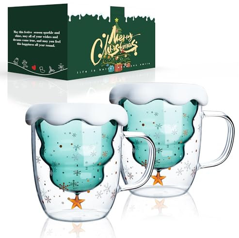 LIBWYS Set 2 Tazze Natale in Vetro - Termiche Doppia Parete 300 ml per Caffè Espresso, Latte Macchiato e Cappuccino - Idee Regalo per Feste