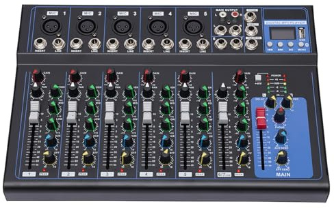 DJ Mischpult Audio Mixer DJ Mixer Mischpult mit Verstärker Studio Bluetooth 7 Kanal/6 Musikmodi Natürlich/Pop/Rock für Konsole Verstärker Stereoanlage Streaming USB