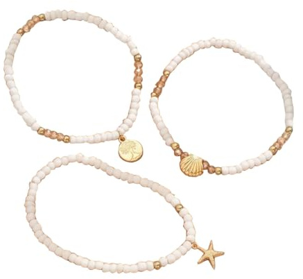 Tata Gisèle Set de 3 Bracelets de Cheville en Acier Doré et Perles de Verre, Blanc, Elastiques, Motif Coquillage, Arbre de Vie et Etoilre de Mer, Style Bohème Plage Ete Estival Vacances