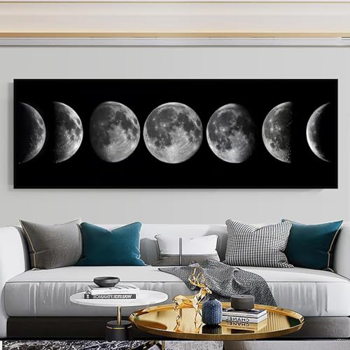 UGZDEA Mondphasen Leinwand Poster, Abstrakte Minimalistisches Schwarz Weiß Mondphasen Leinwand Malerei, Wohnzimmer Schlafzimmer Deko Bild-Ohne Rahmen (Mond-2,40x120cm)