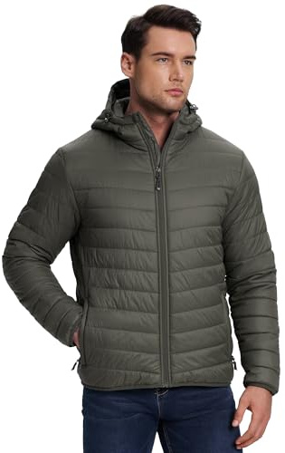 33,000ft Herren Leichte Steppjacke Outdoor Wasserbeständige Übergangsjacke Warme Winterjacke für Männer, Kapuze Wintermäntel Pufferjacke Verstaubar Dunkelgrün XL