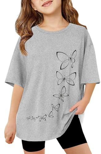 SoLu DAY8 Kids Short Sleeve Butterfly T Shirts Girls Age 3-13 Years Round Neck Summer Tshirts Teenage Girls Fashion Graphic Cute Cartoon Casual Jogging Athletic School Blouse Tops
