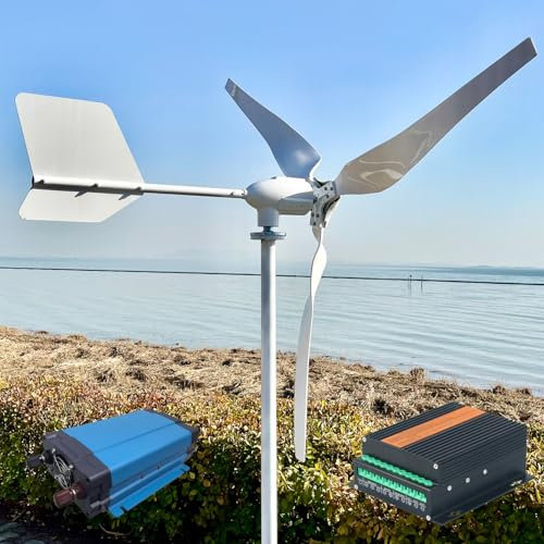 Aerogenerador de 1000W 24V/48V con 3 Aspas – Turbina Eólica Horizontal para Casa y Autocaravana (Sin Mástil) (with MPPT Hybrid Controller & off Grid Lnveter, 24)