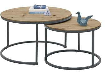 möbelando Satztisch >Gino 2< 2er Set runde Couchtische in Holzoptik & Schwarz, Ø 80 & 60 cm, H 45 & 40 cm, MDF-Tischplatten mit PVC-Beschichtung, Metallgestell matt, platzsparend, zerlegt geliefert