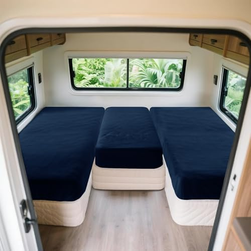 SYLC Spannbettlaken 3er-Set Für Wohnmobil, Wohnwagen Heckbett Spannbetttuch Camping Matratzenbezug, Bettlaken Matratze Für 2 Längsbetten + Mittelteil (Denim Blue)