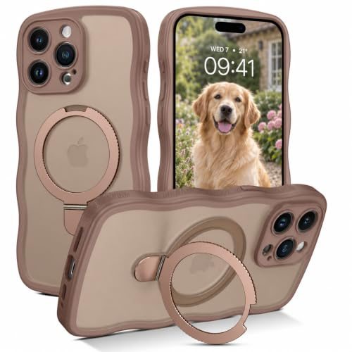 GaoBao for iPhone 15 Pro Max Case with Ring Stand,[Compatible with Magsafe] Curly Wave Frame Phone Case Translucent Matte TPU Bumper Shockproof Protective Cover for iPhone 15 Pro Max,Desert Titanium