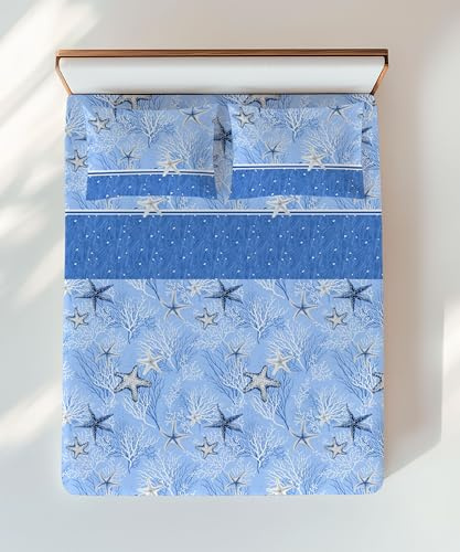 Tex family Completo Lenzuola Stelle Marine Blu – Motivo Coralli e Stelle – 100% Cotone – Made in Italy, Lavabile - 2 PIAZZE