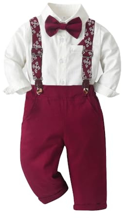 Yoolhamy Conjunto de Navidad para Bebés Niños, Traje de Caballero para Niños Pequeños, Ropa de Navidad para Niños, Camisa con Pantalones de Tirantes y Pajarita para 9 Meses-6 Años, Rojo/Blanco, 5-6