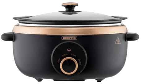GEEPAS Slow Cooker 6.5L | 3 Heat Settings Auto Mode Removable Easy-Clean Non-stick Pot | Tempered Glass Lid & Cool Touch Handles Matte Finish | Energy Efficient Design 290W | 2 Year Warranty Black