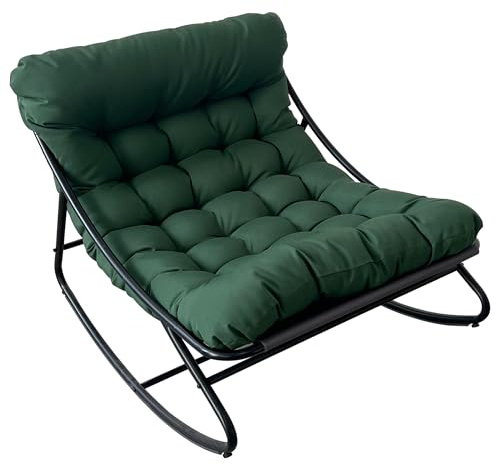 T-ZBDZ Schaukelstuhl Outdoor mit Kissen & Hocker, Schaukelsessel Wetterfester Relaxstuhl aus Metall für Garten, Schaukelliege Lounge Sessel Relaxsessel Gartenstuhl, bis 150kg (Grün)