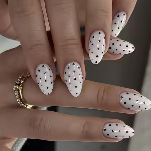 OuryTech Press On Nails, 24 Faux Ongles à Coller en Forme d'Amande, Ongles Artificiels avec Design à Points Noirs, Brillants et Réutilisables