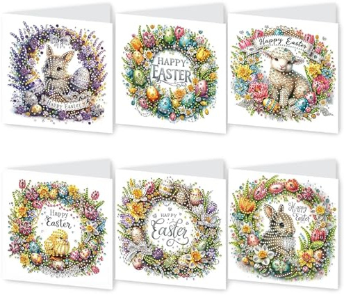 Diamond Painting Ostern Karten, 6er Set Osterdeko Diamond Painting Frühling Osterkarten mit Umschlag Diamont Osterhasen Eier Blumen Grußkarten Geburtstagskarten Diamantmalerei Klappkarten (A)