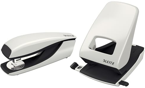 Leitz NeXXt Büroheftgerät 55020085 aus Metall, Für 30 Blatt & starker Bürolocher 51380085 aus Metall, Für 40 Blatt, Anschlagschiene mit Formatangaben, Ergonomisches Design, grau