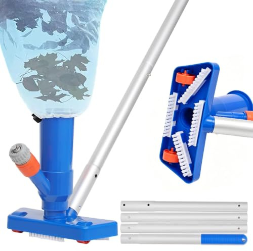 142cm Aspirador de Piscina - 4 Postes de Aluminio Extraíbles, Cabezal Aspirador Estanque con Bolsa de limpieza, Cepillo para Limpiar Piscina Succión Fondo Mini Limpiador para Jacuzzi/Fuente Artificial