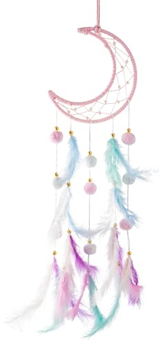 PEAPIN 1PCS Moon Dream Catcher, Girls Bedroom Accessories(Pink)