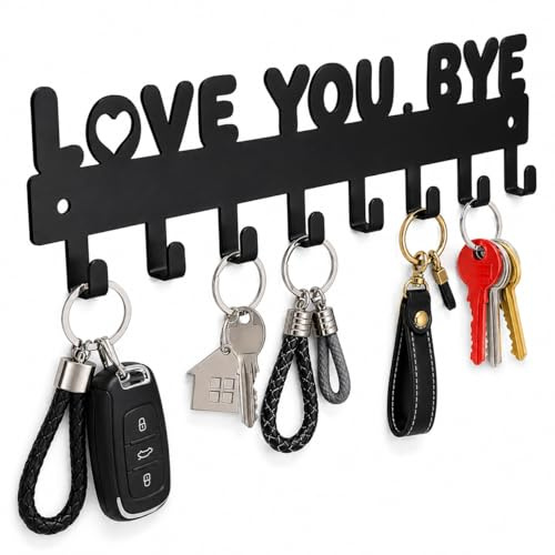 Key Holder Wall Mount & Love You Bye Sign Key Holder, Key Hooks with 8 Hooks,Key Holder Wall Mount Self Adhesive, Key Rack for Wall No Drill for Entryway, Front Door, Hallway, Living Room - Black