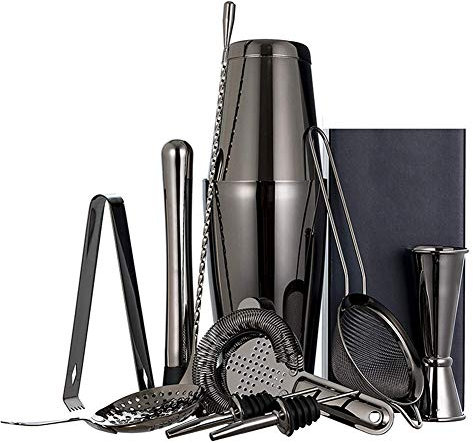 LTSWEET 11 Teiliges Cocktail Shaker Set Cocktailmixer Set Edelstahl Professioneller Cocktail Set Boston Style Barkeeper Set Bar Zubehör Werkzeug für Mixgetränke,Schwarz