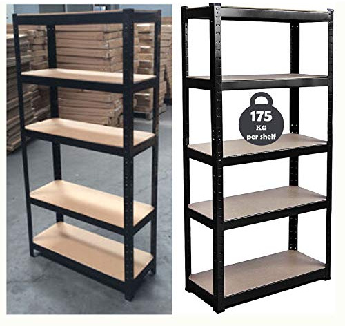 Feidak 150 x 70 x 30 cm 5-Tier Garage Shelving Unit – Metal Racking, Steel & MDF Boltless Shelves Metal Shelving Unit Heavy Duty 175kg Capacity Per Shelf, Black
