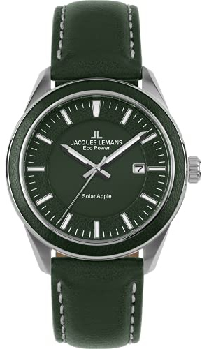 JACQUES LEMANS Herrenuhr, Eco Power Uhren Männer, Chronograph aus massivem Edelstahl mit Apfel-Leder Armband, Herrenuhr großes Ziffernblatt - Suit for Men, Model 1-2116B, Arm Herrenuhr groß