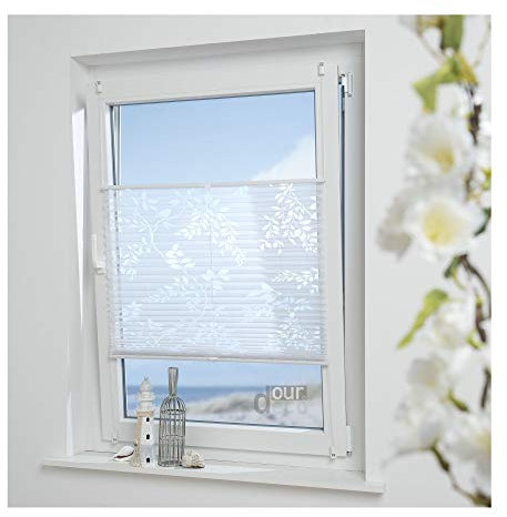 ourdeco® Plissee Ausbrenner / 70 x 130 cm (Breite x Höhe) / Farbe: weiß; lichtdurchlässig, Motiv Ranke Blatt/Klemmen, Montage ohne zu Bohren, Klemmfix-Plissee, Easy-to-fix