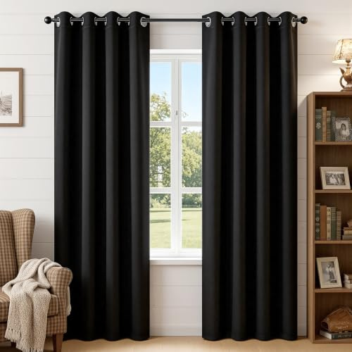 Joydeco Verdunkelungsvorhänge, 2 Paneele, thermische Isolierung, Raumverdunkelung, mit Ösen, für Wohnzimmer, Schlafzimmer, Fenster, ca. 130 x 240 cm (B x L), Schwarz