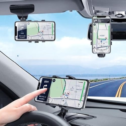 JIAHG Car Phone Holder, Rear View Mirror Phone Mount, Universal 360°/1200° Rotating & Retractable Car Cellphone Holder Automobile Mobile Phone Hands Free Fit for iPhone Android Smartphone