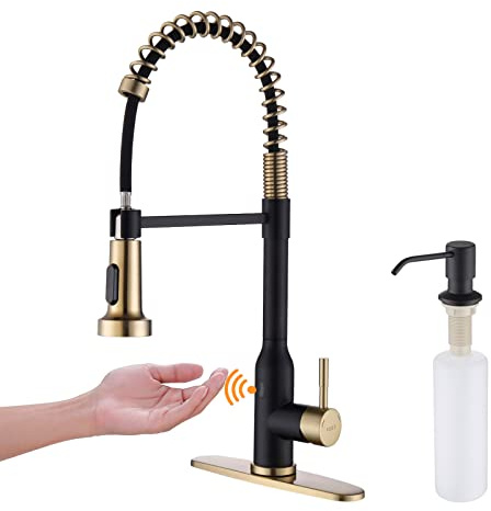 Touchless Kitchen Faucet ， KEER Smart Motion Sensor Hands Free Single Handle Spring Kitchen Sink Faucet with Pull Down Sprayer,Matte Black Gold