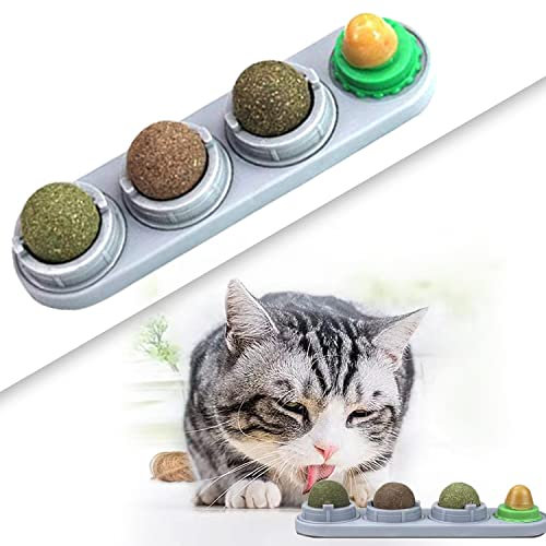 FIPASEN Katzenminze Ball Spielzeug, 4 Stück Katzenminze Wand Ball für Katzen/Kätzchen, Zähne putzen und den Magen schützen - Rotierendes Katzenleckspielzeug Enthält Katzenminze/Zucker(Grau)