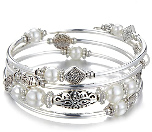 Bulinlin Bracciale avvolgente da donna in pietra di agata naturale con perle multistrato, catena in argento, gioiello alla moda, regalo per San Valentino, Einheitsgröße, Metallo Argento Rame