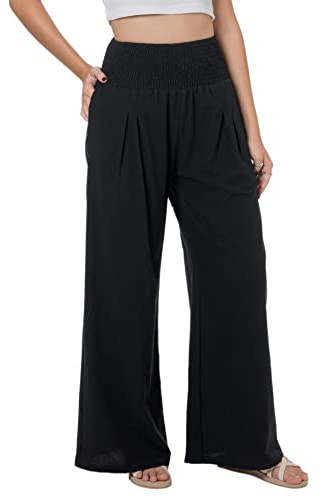 Lofbaz Donna Estate Cotone e Lino a Gamba Larga Fluttuante Pantaloni Palazzo Spiaggia a Vita Alta Boho Lunghi da Relax con Tasche Nero XL