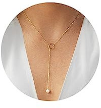 FUNEIA Kette Gold Damen 14K Vergoldete Modeschmuck Kette Lang Y Kette mit Herz Perlen CZ Anhänger Wasserfeste Verstellbare Ankerketten Tropfen Halskette Gold für Frauen Schmuck